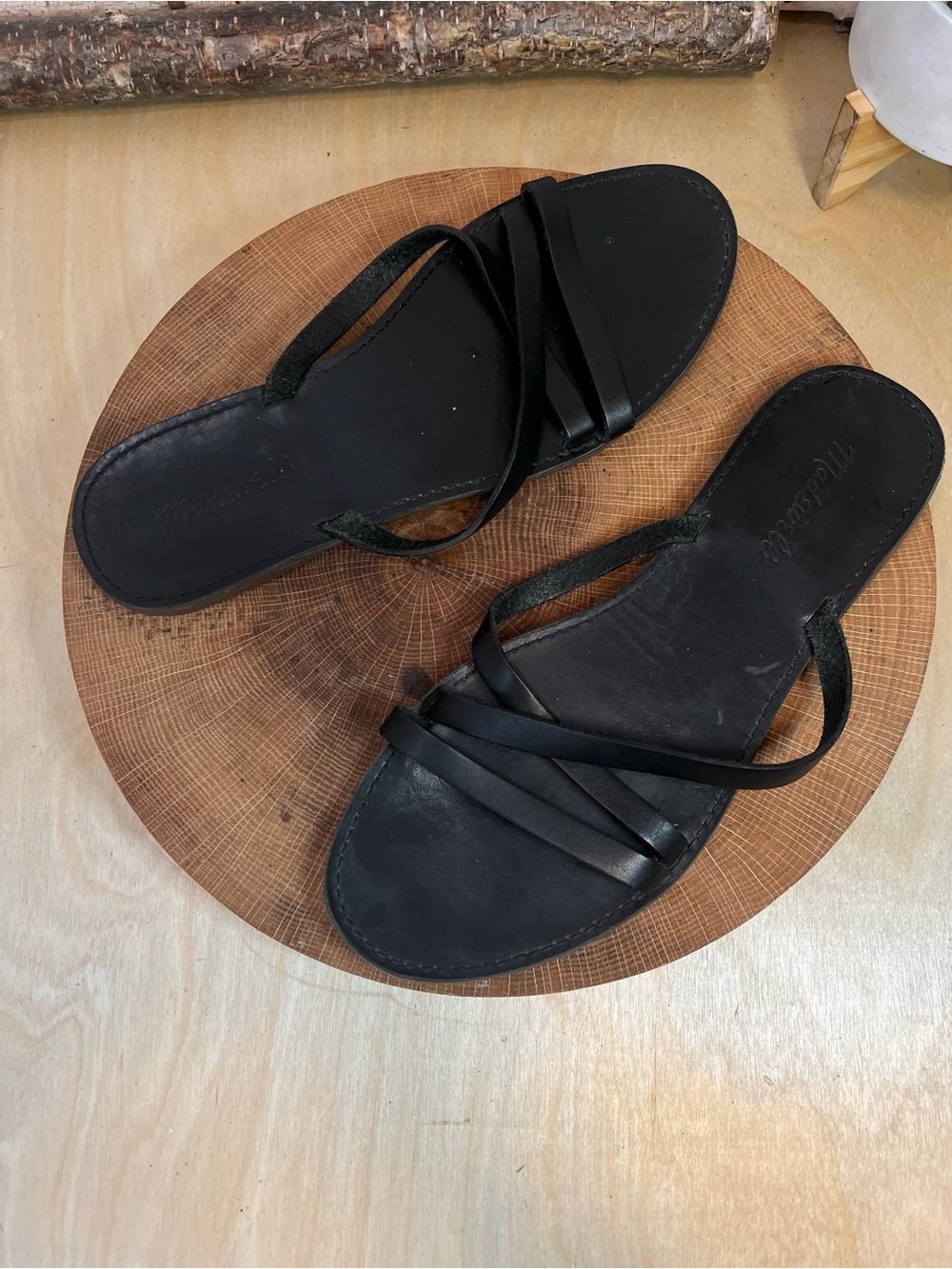 Madewell Boardwalk Skinny-Strap Slide Sandals - Black Leather - Size 10